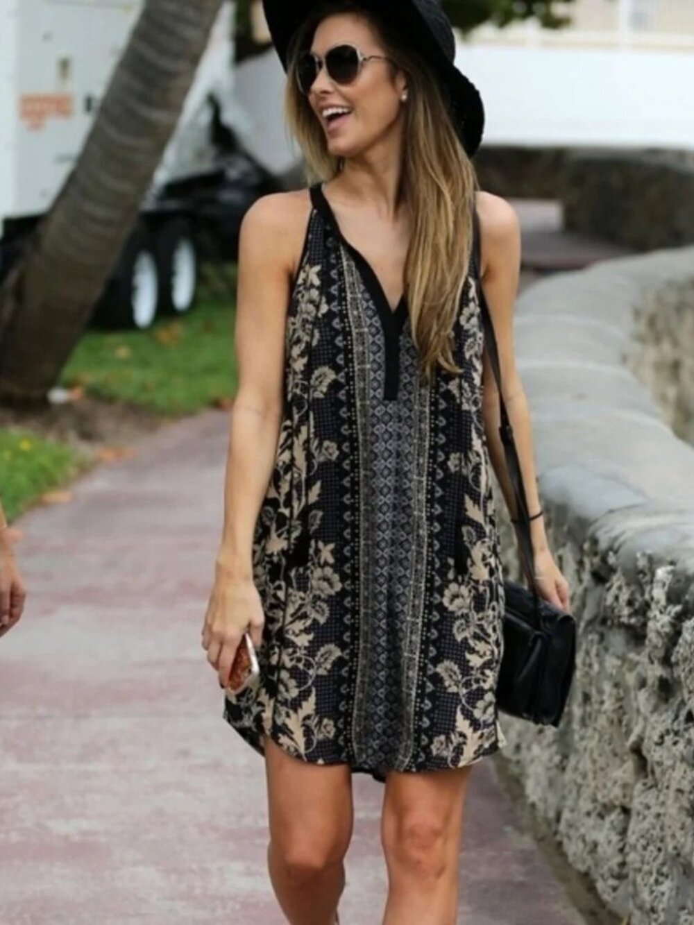 ASTR the Label Black Tan Paisley Floral Boho Mini Swing Dress Size Small S